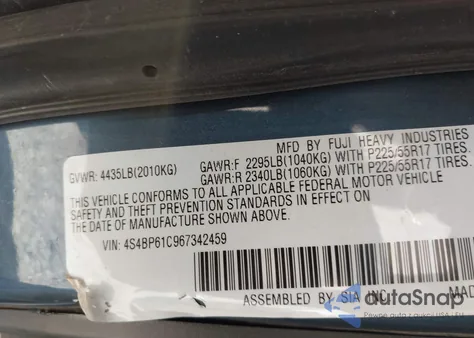 2006 Subaru Outback 2.5I from USA, damaged, VIN 4S4BP61C967342459